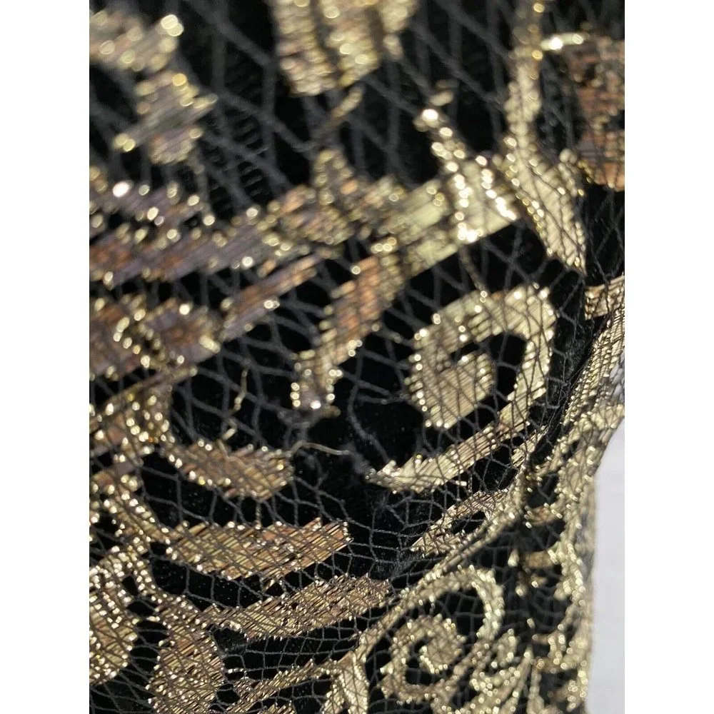 VTG New Leaf Black Gold Spaghetti Strap Velvet Back Zip Bodycon Dress Womens 5/6 - Picture 7 of 14